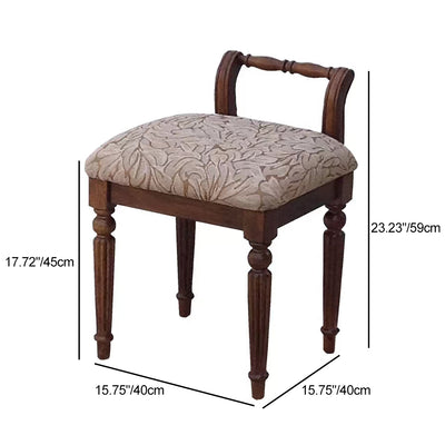 Traditional Vintage Solid Wood & Fabric Square Padded Vanity Stool With Patterned Upholstery & Low Backrest For Bedroom