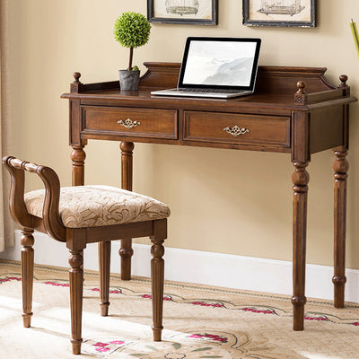 Traditional Vintage Solid Wood & Fabric Square Padded Vanity Stool With Patterned Upholstery & Low Backrest For Bedroom