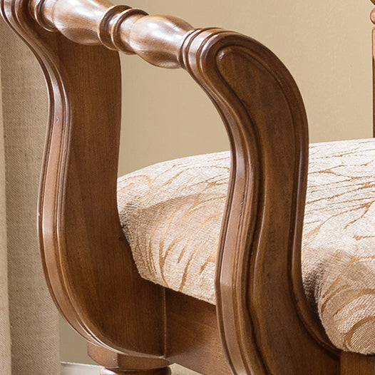 Traditional Vintage Solid Wood & Fabric Square Padded Vanity Stool With Patterned Upholstery & Low Backrest For Bedroom