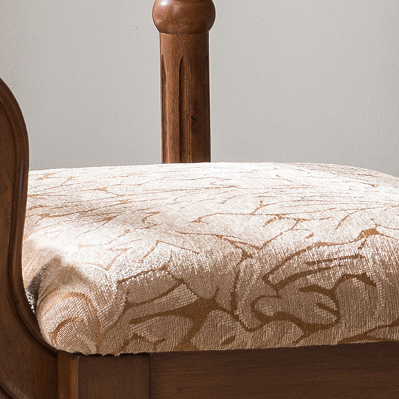 Traditioneller gepolsterter Schminkhocker aus Kautschukholz und Stoff in quadratischer Form mit gemustertem Bezug und niedriger Rückenlehne fürs Schlafzimmer 