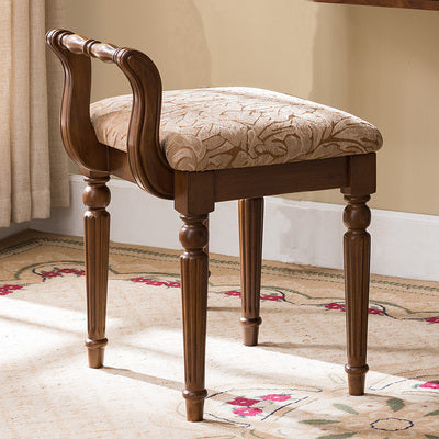 Traditional Vintage Solid Wood & Fabric Square Padded Vanity Stool With Patterned Upholstery & Low Backrest For Bedroom