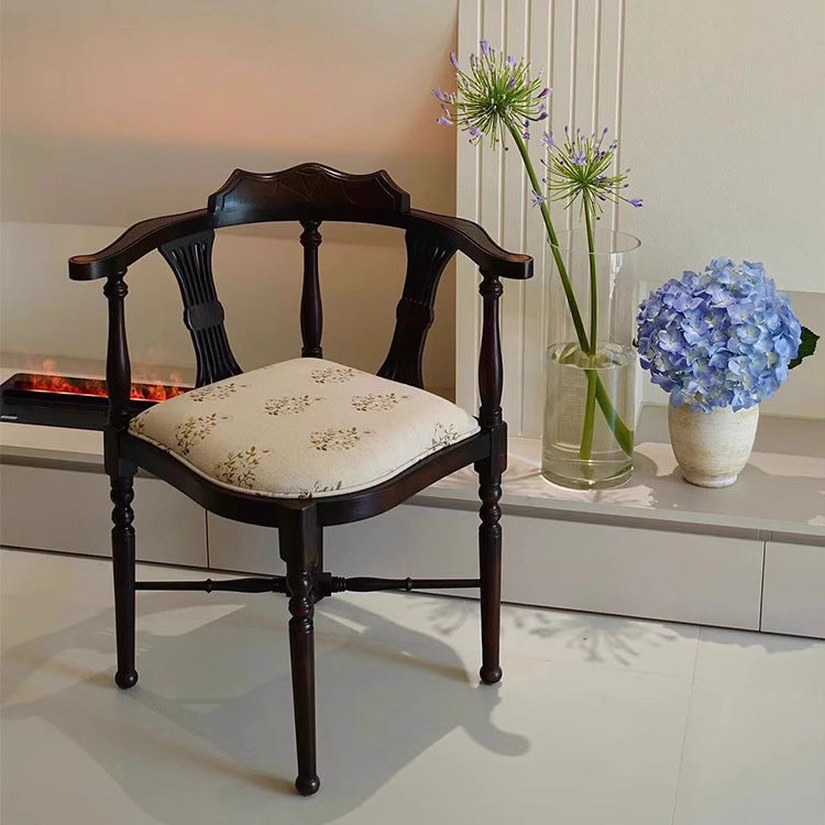 Modern Mid-Century Solid Wood &amp; Patterned Fabric Square Cushion Dining Chair With Curved Backrest For Dining Room &amp; Living Room