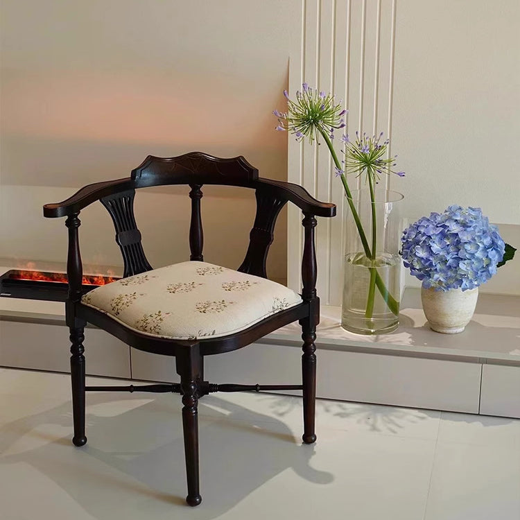Modern Mid-Century Solid Wood &amp; Patterned Fabric Square Cushion Dining Chair With Curved Backrest For Dining Room &amp; Living Room