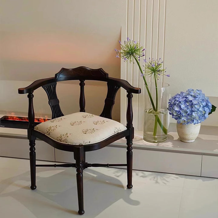 Modern Mid-Century Solid Wood &amp; Patterned Fabric Square Cushion Dining Chair With Curved Backrest For Dining Room &amp; Living Room