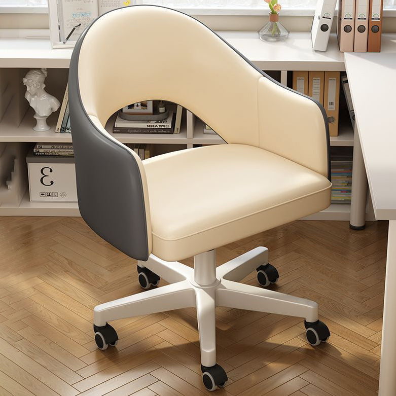 Modern Minimalist Leather & Carbon Steel Square Cushion & Curved Backrest Desk Chair, Adjustable & Movable For Home Office