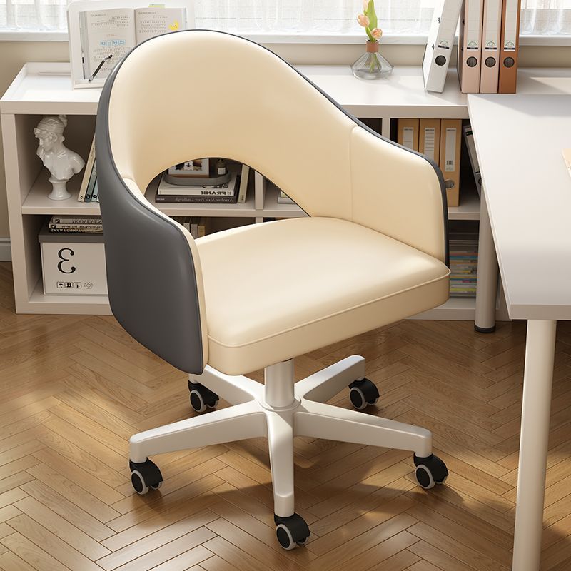 Modern Minimalist Leather & Carbon Steel Square Cushion & Curved Backrest Desk Chair, Adjustable & Movable For Home Office