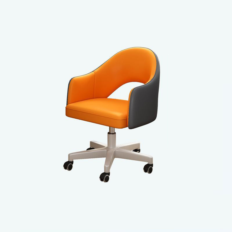 Modern Minimalist Leather & Carbon Steel Square Cushion & Curved Backrest Desk Chair, Adjustable & Movable For Home Office