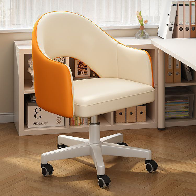 Modern Minimalist Leather & Carbon Steel Square Cushion & Curved Backrest Desk Chair, Adjustable & Movable For Home Office