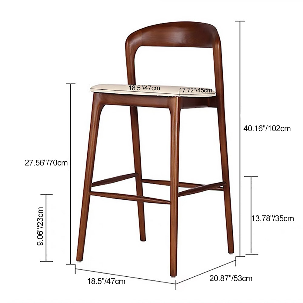 Moderner minimalistischer Holz-Kunstleder-Rechteck-Barhocker mit geschwungener Rückenlehne für das Esszimmer 