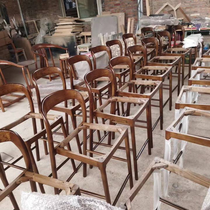 Moderner minimalistischer Holz-Kunstleder-Rechteck-Barhocker mit geschwungener Rückenlehne für das Esszimmer 