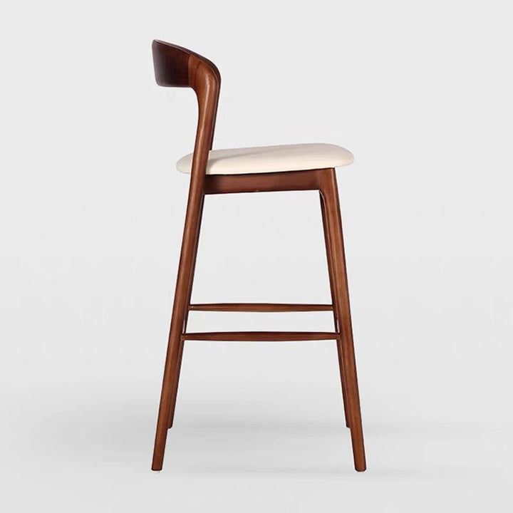 Moderner minimalistischer Holz-Kunstleder-Rechteck-Barhocker mit geschwungener Rückenlehne für das Esszimmer 