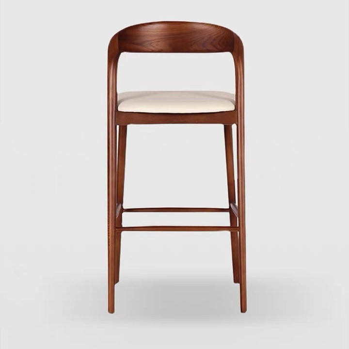 Moderner minimalistischer Holz-Kunstleder-Rechteck-Barhocker mit geschwungener Rückenlehne für das Esszimmer 
