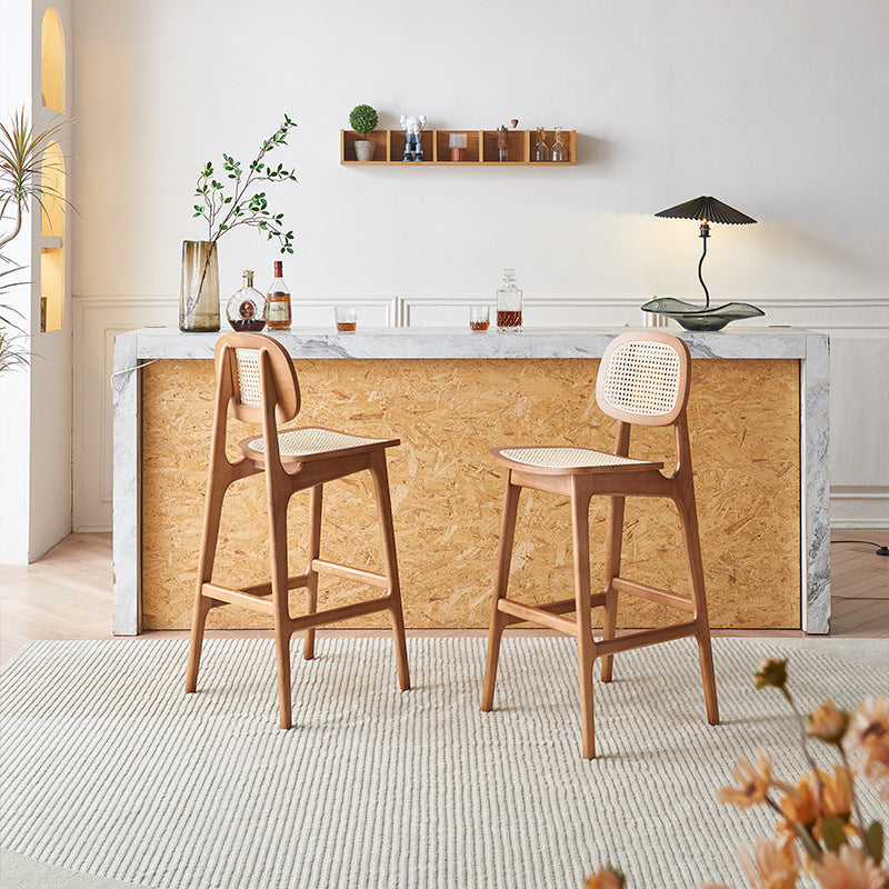 Contemporary Nordic Wood & Rattan Rectangular Bar Stool With Backrest & Footrest For Dining Room