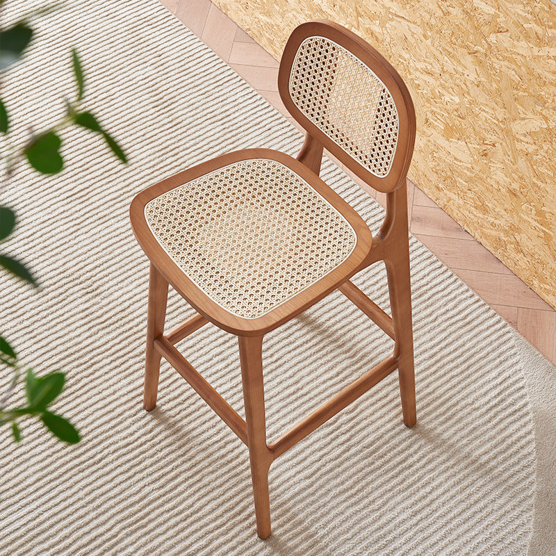 Contemporary Nordic Wood & Rattan Rectangular Bar Stool With Backrest & Footrest For Dining Room