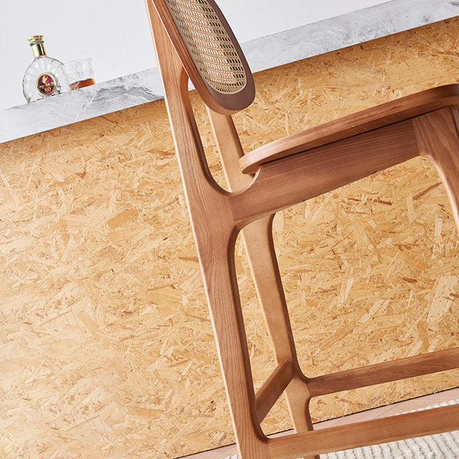 Contemporary Nordic Wood & Rattan Rectangular Bar Stool With Backrest & Footrest For Dining Room