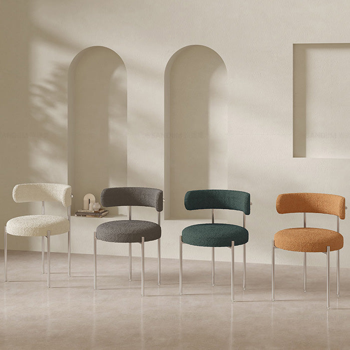 Contemporary Nordic Bouclé & Carbon Steel Round Back Dining Chair For Dining Room