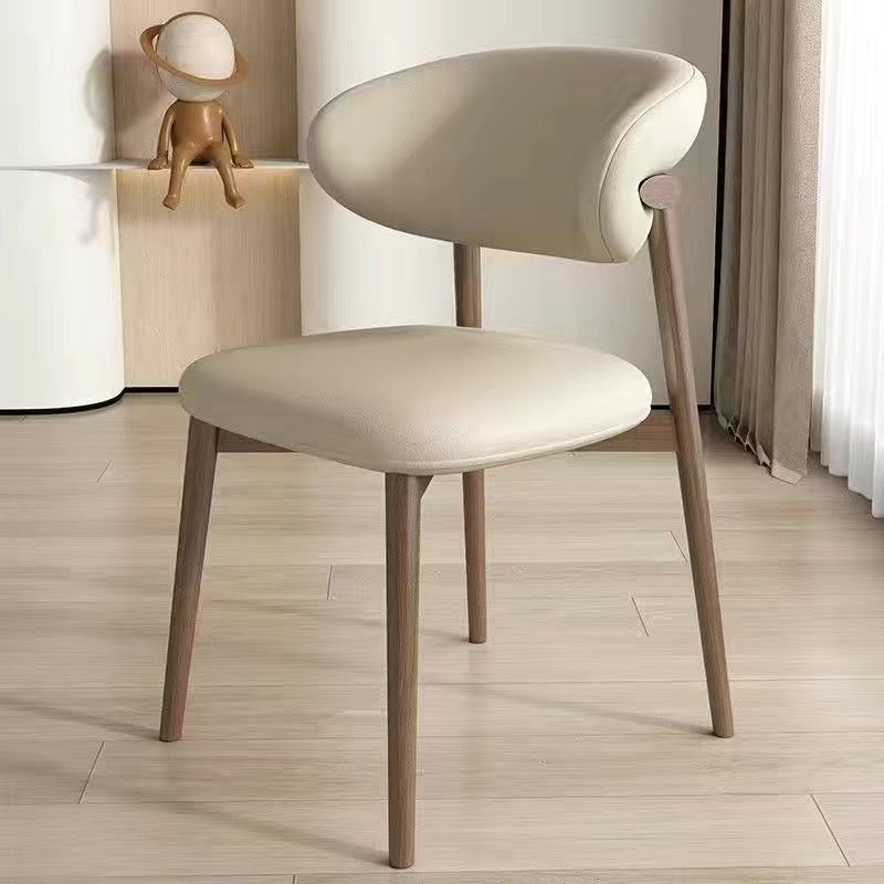 Contemporary Nordic Wood &amp; Faux Leather Round-Back Dining Chair With Backrest For Dining Room