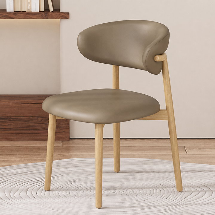 Contemporary Nordic Wood & Faux Leather Round-Back Dining Chair With Backrest For Dining Room