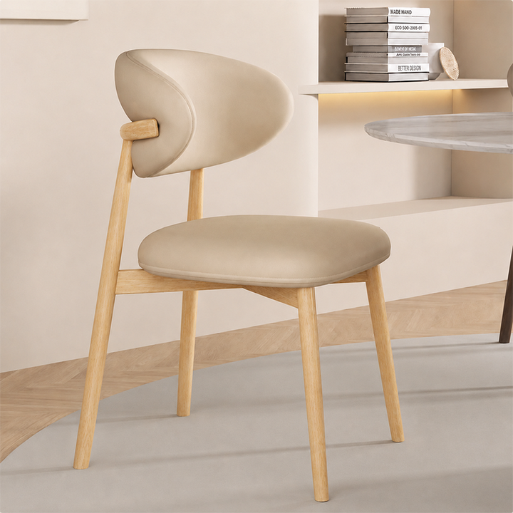Contemporary Nordic Wood & Faux Leather Round-Back Dining Chair With Backrest For Dining Room