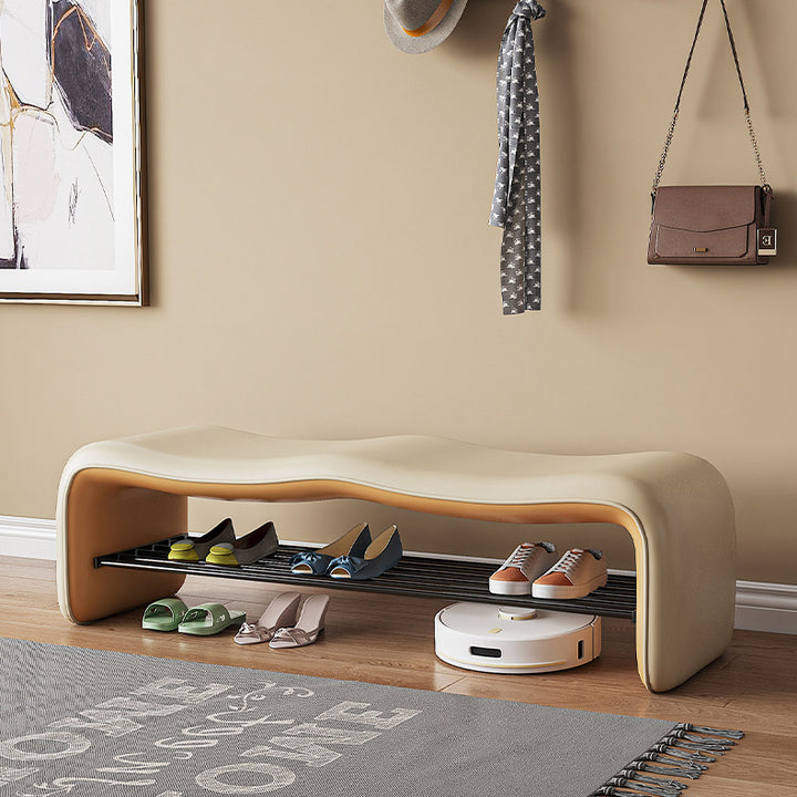 Banc à chaussures rectangulaire ondulé en cuir synthétique et métal minimaliste moderne pour entrée 