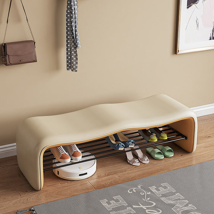 Banc à chaussures rectangulaire ondulé en cuir synthétique et métal minimaliste moderne pour entrée 