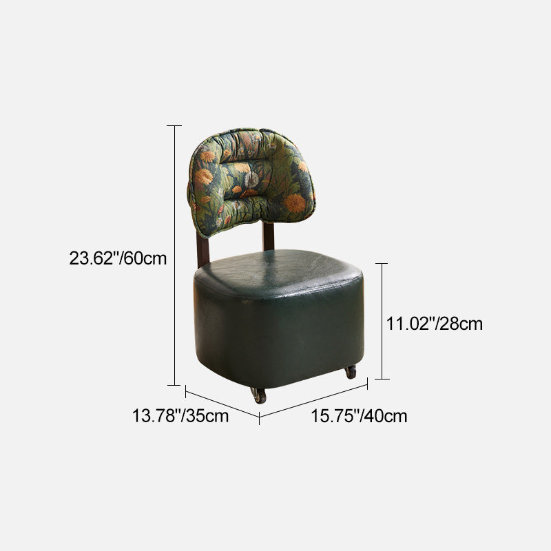 Modern Mid-Century Faux Oil Wax Leather &amp; Linen Metal Rounded Square Low Stool With Backrest And Mobility For Living Room