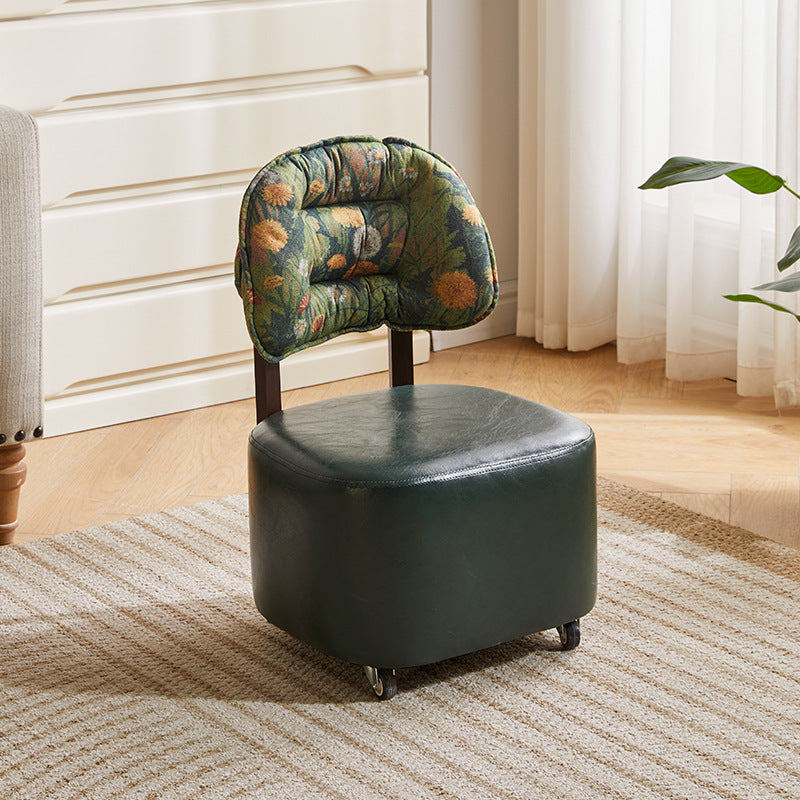 Modern Mid-Century Faux Oil Wax Leather &amp; Linen Metal Rounded Square Low Stool With Backrest And Mobility For Living Room