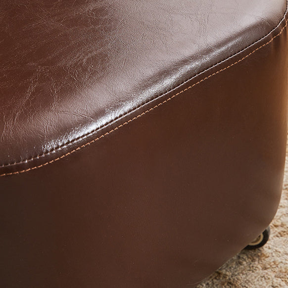 Modern Mid-Century Faux Oil Wax Leather &amp; Linen Metal Rounded Square Low Stool With Backrest And Mobility For Living Room