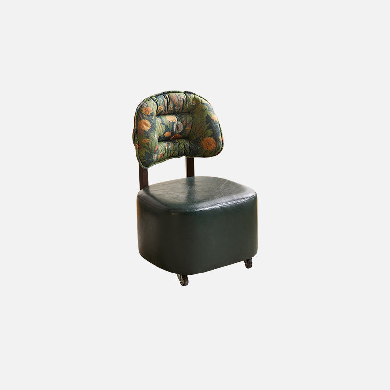 Modern Mid-Century Faux Oil Wax Leather &amp; Linen Metal Rounded Square Low Stool With Backrest And Mobility For Living Room