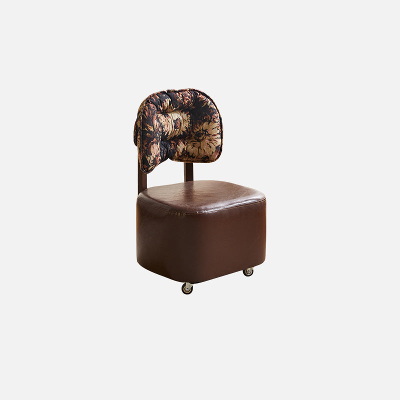 Modern Mid-Century Faux Oil Wax Leather &amp; Linen Metal Rounded Square Low Stool With Backrest And Mobility For Living Room