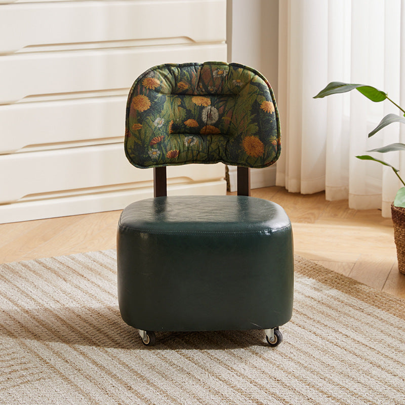 Modern Mid-Century Faux Oil Wax Leather &amp; Linen Metal Rounded Square Low Stool With Backrest And Mobility For Living Room