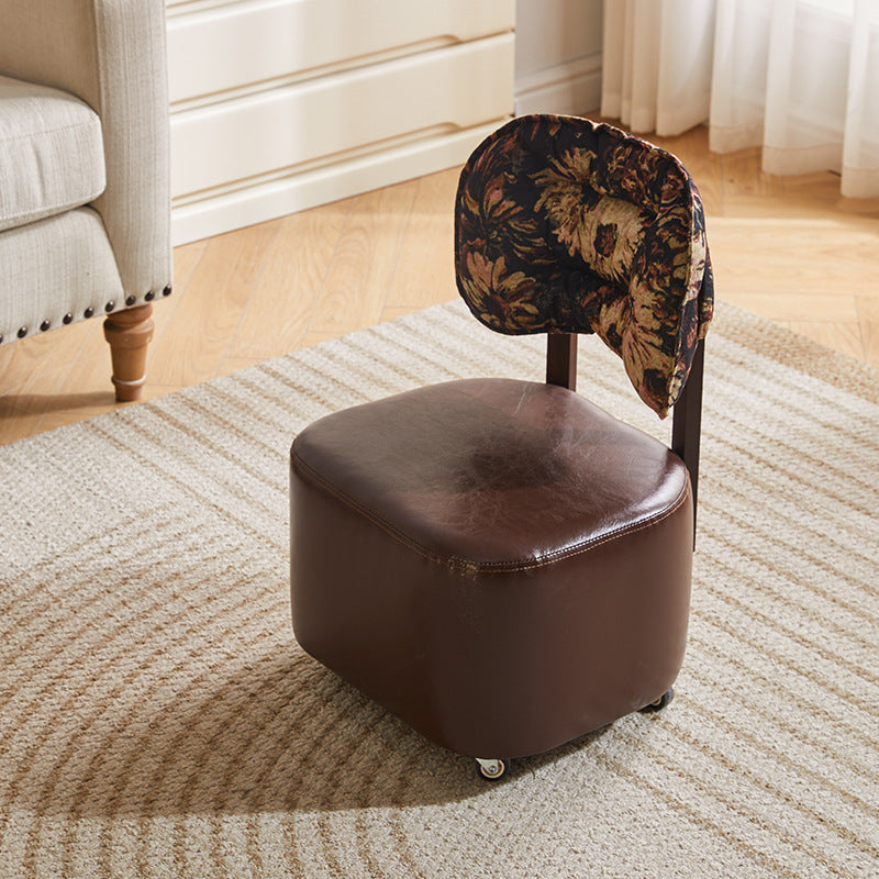 Modern Mid-Century Faux Oil Wax Leather &amp; Linen Metal Rounded Square Low Stool With Backrest And Mobility For Living Room