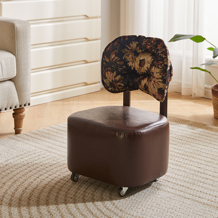 Modern Mid-Century Faux Oil Wax Leather &amp; Linen Metal Rounded Square Low Stool With Backrest And Mobility For Living Room