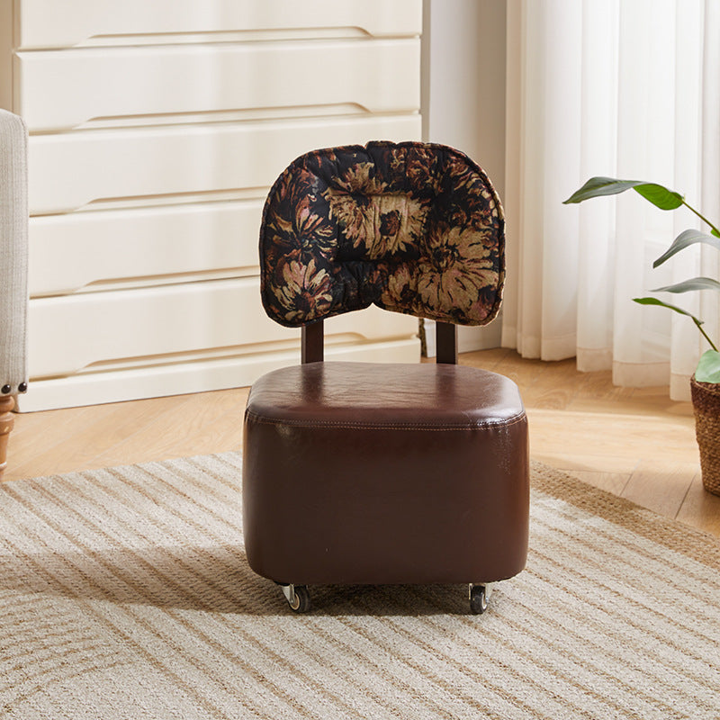 Modern Mid-Century Faux Oil Wax Leather &amp; Linen Metal Rounded Square Low Stool With Backrest And Mobility For Living Room