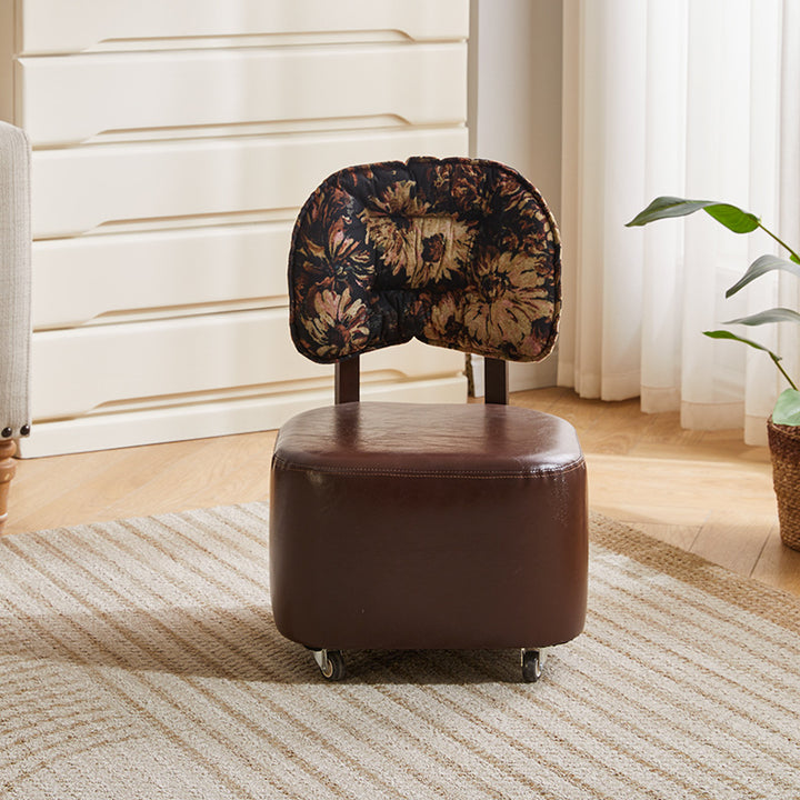 Modern Mid-Century Faux Oil Wax Leather &amp; Linen Metal Rounded Square Low Stool With Backrest And Mobility For Living Room