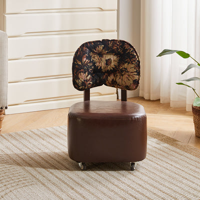 Moderner Mid-Century Faux Öl Wachs Leder & Leinen Metall Abgerundeter Quadratischer Niedriger Hocker Mit Rückenlehne Und Mobilität Für Wohnzimmer 