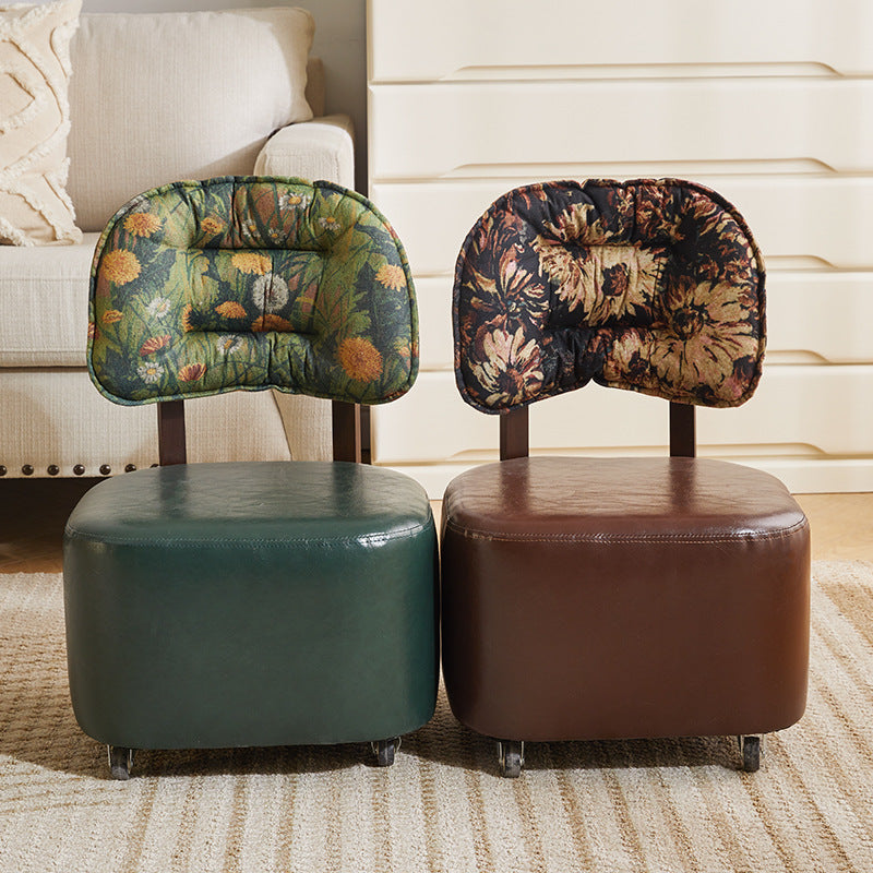 Modern Mid-Century Faux Oil Wax Leather &amp; Linen Metal Rounded Square Low Stool With Backrest And Mobility For Living Room