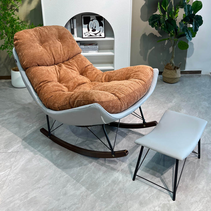 Chaise d'accent à bascule contemporaine avec repose-pieds - Rembourrée en chenille moelleuse & cadre en bois massif, chaise longue à dossier confortable pour le salon 