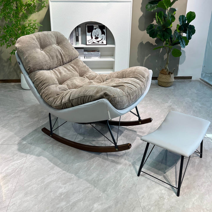 Chaise d'accent à bascule contemporaine avec repose-pieds - Rembourrée en chenille moelleuse & cadre en bois massif, chaise longue à dossier confortable pour le salon 