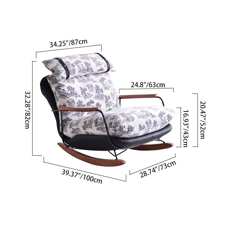 Retro Rocking Lounge Chair With Armrest - PU Leather & Cotton Linen Upholstery Solid Wood Frame Accent Chair For Living Room