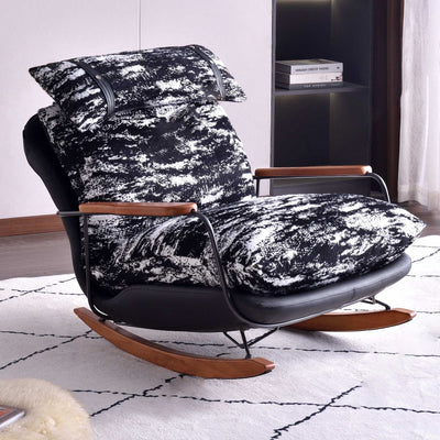Retro Rocking Lounge Chair With Armrest - PU Leather & Cotton Linen Upholstery Solid Wood Frame Accent Chair For Living Room