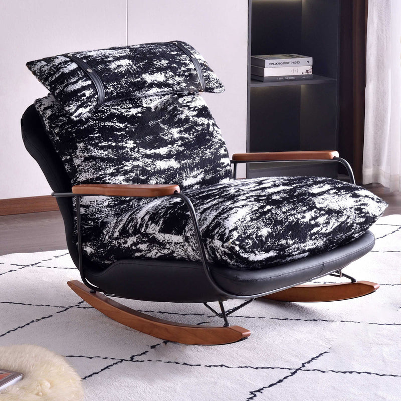 Retro Rocking Lounge Chair With Armrest - PU Leather & Cotton Linen Upholstery Solid Wood Frame Accent Chair For Living Room