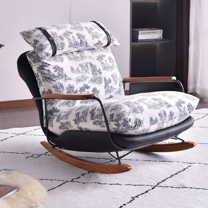 Retro Rocking Lounge Chair With Armrest - PU Leather & Cotton Linen Upholstery Solid Wood Frame Accent Chair For Living Room