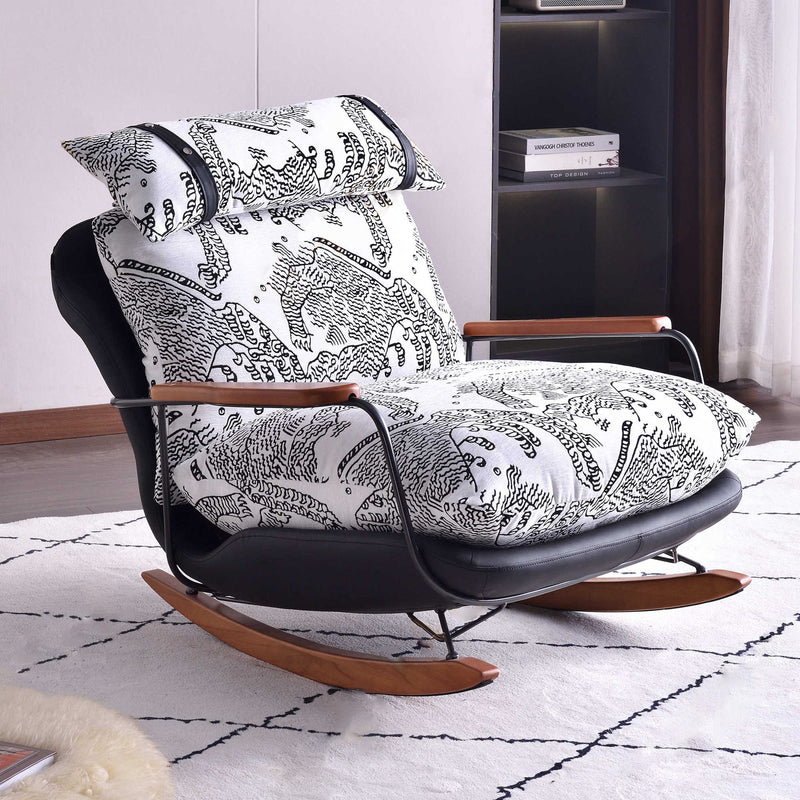 Retro Rocking Lounge Chair With Armrest - PU Leather & Cotton Linen Upholstery Solid Wood Frame Accent Chair For Living Room