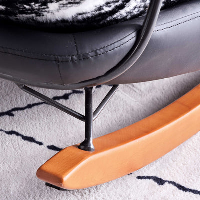 Retro Rocking Lounge Chair With Armrest - PU Leather & Cotton Linen Upholstery Solid Wood Frame Accent Chair For Living Room