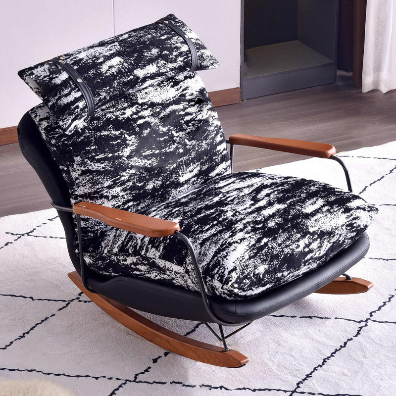 Retro Rocking Lounge Chair With Armrest - PU Leather & Cotton Linen Upholstery Solid Wood Frame Accent Chair For Living Room
