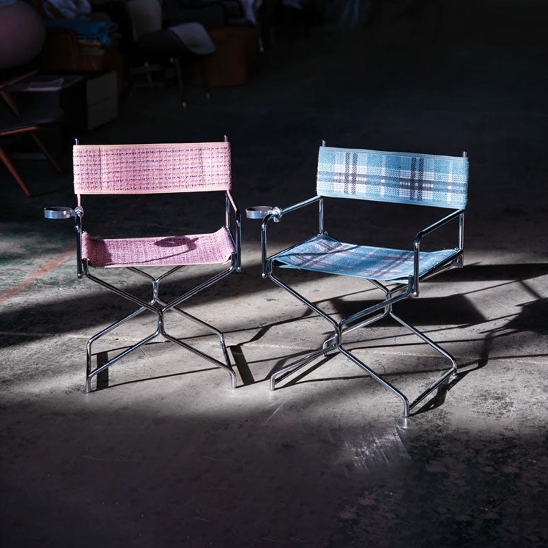 Art Deco Inspired Woven Folding Director’s Chair - Retro Plaid Fabric Portable Accent Chair For Outdoor Patio