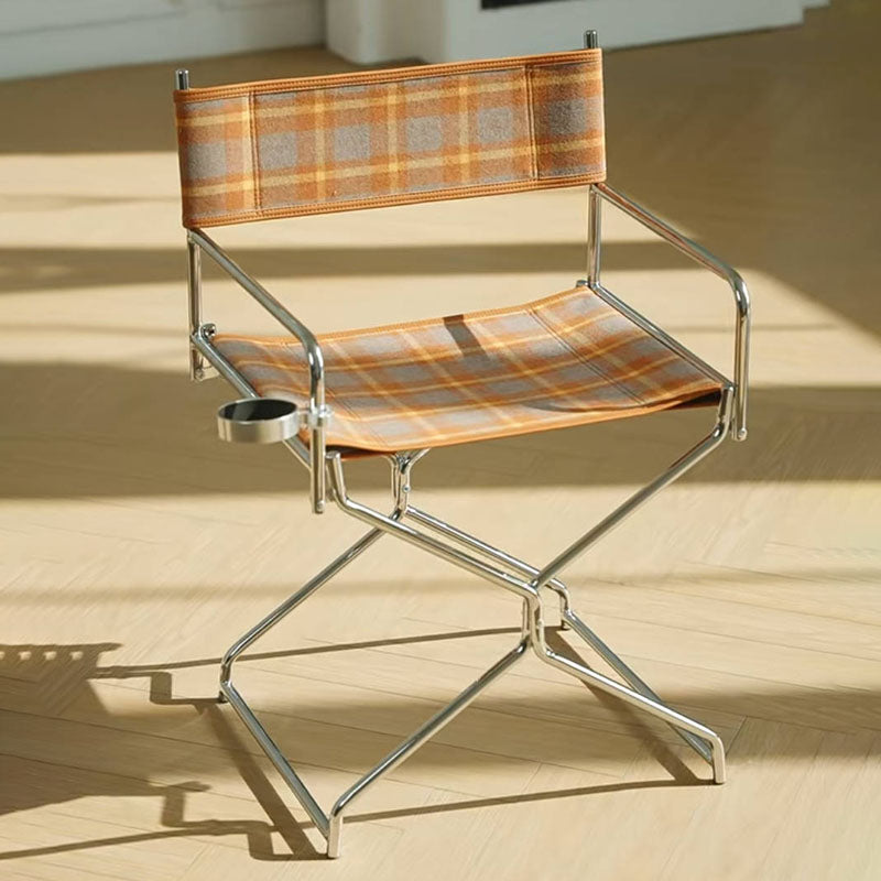 Art Deco Inspired Woven Folding Director’s Chair - Retro Plaid Fabric Portable Accent Chair For Outdoor Patio