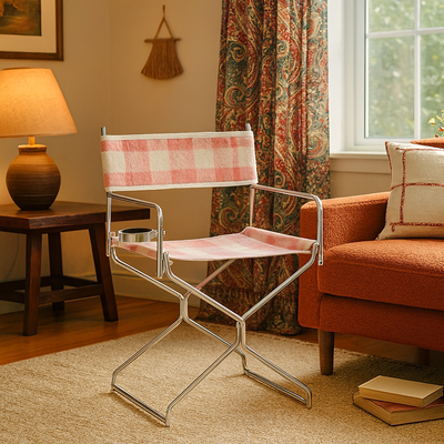 Art Deco Inspired Woven Folding Director’s Chair - Retro Plaid Fabric Portable Accent Chair For Outdoor Patio