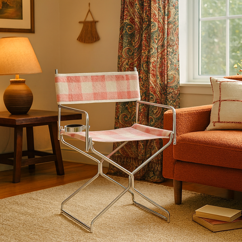 Art Deco Inspired Woven Folding Director’s Chair - Retro Plaid Fabric Portable Accent Chair For Outdoor Patio